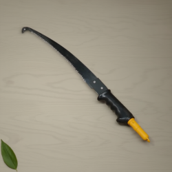Scie à élaguer légère pour perches télescopiques avec lame incurvée et denture fine, poignée noire ergonomique et embout jaune C