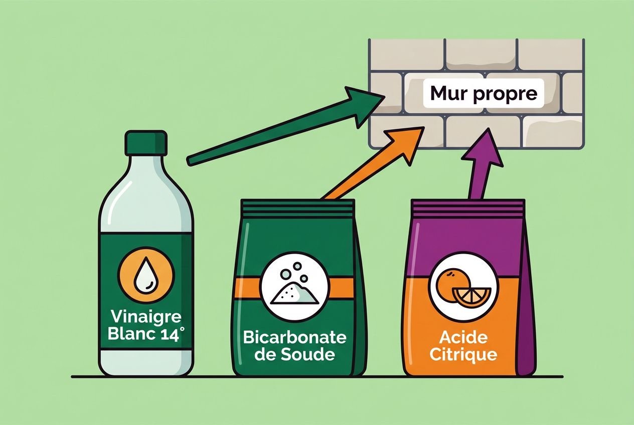 Enlever mousse murs: illustration pédagogique montrant des produits anti-mousse et leur application sur un mur propre.