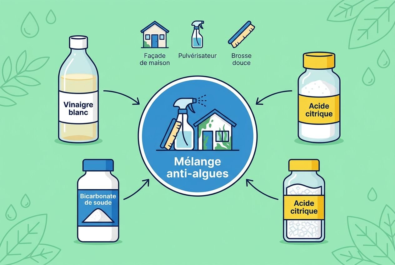 Mélange anti-algues au centre avec flacons et outils de nettoyage, incluant vinaigre blanc, acide citrique et bicarbonate de soude dans un schéma illustré. anti-algues rouges naturel intégré.