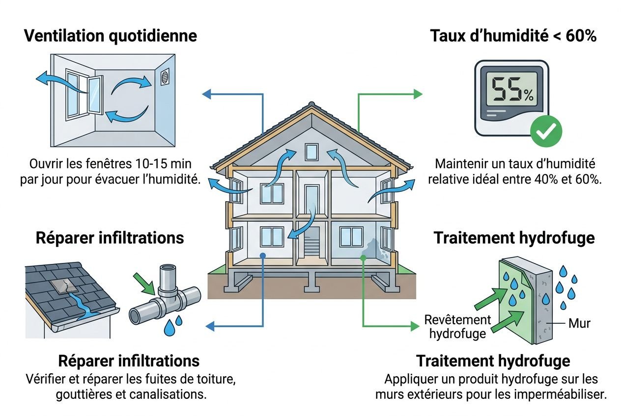 Moisissure mur bicarbonate : schéma d’un logement avec ventilation quotidienne, traitement hydrofuge et réparation des infiltrations contre l’humidité.