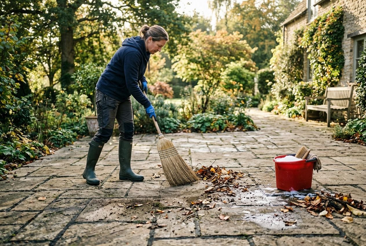 Personne en bottes et hoodie balayant une terrasse en pierre avec un balai; seau rouge et brosses posés à côté, feuilles mortes autour. Intègre "nettoyer une terrasse en pierre" fluide dans la description.