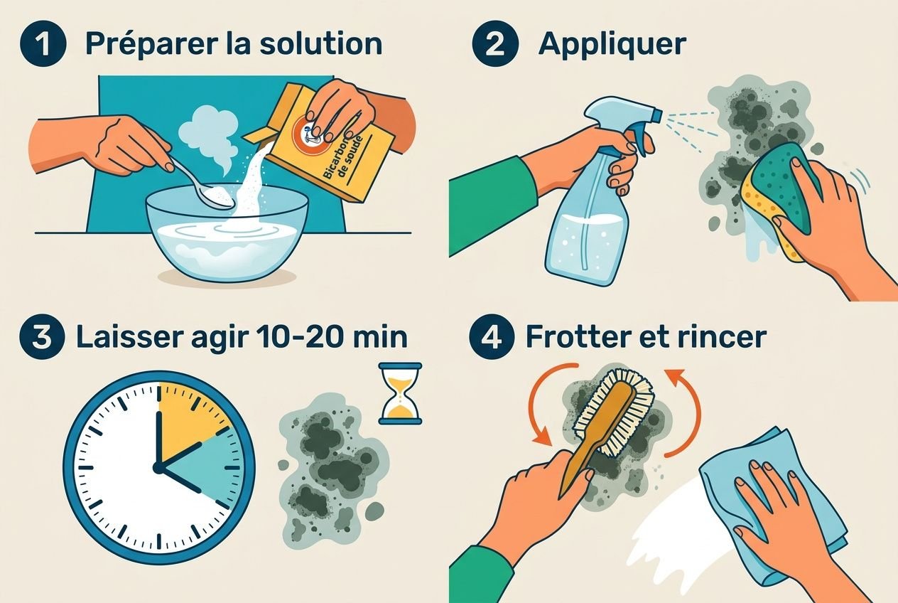 Préparer la solution et nettoyer la moisissure : illustration étape par étape avec le bicarbonate pour traiter la moisissure mur bicarbonate sur les murs.